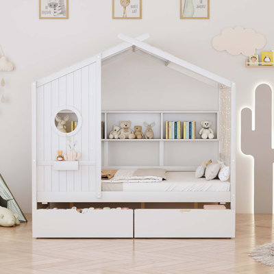 Lit en bois avec 2 tiroirs, lit pour enfant avec tablette de rangement