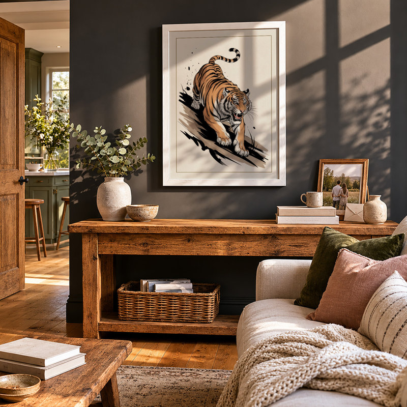 Stalking Tiger Japandi - Framed Print, A4 - 29.7 x 21.0 cm, White