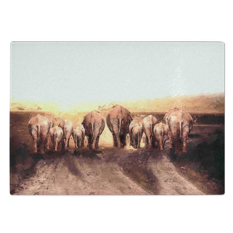 Glass Herd of Elephants On A Dusty Road in Abstract Chopping Board, 39 cm W x 28.5 cm L
