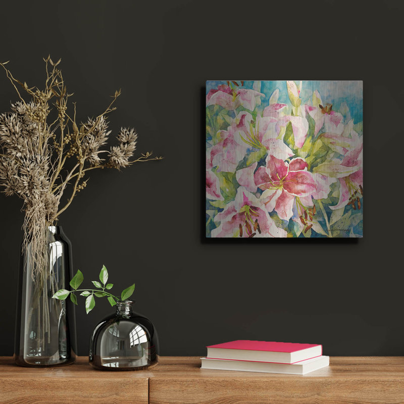 «Pink Lilies» par Annelein Beukenkamp, art mural en métal, 36 po x 36 po, H 12 po x l 12 po
