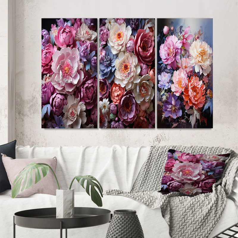 «Asian Art Peonyes in Pink», 3 pièces sur toile, Toile tendue, H 28 po x l 36 po