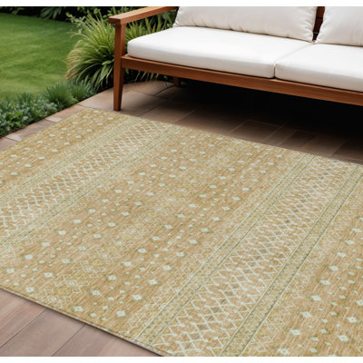 Tapis tribal lavable intérieur / extérieur ivoire et olive 9 pi x 12 pi cuivre