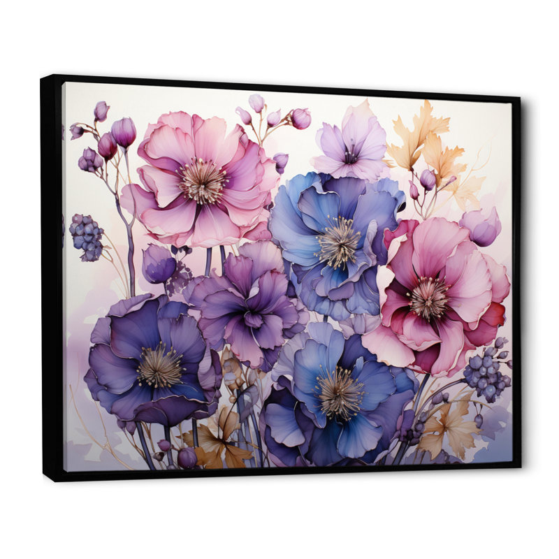 Mauve et fleurs mystiques IV - art botanique abstrait, H 34 po x l 44 po x P 1,5 po, Cadre flottant noir