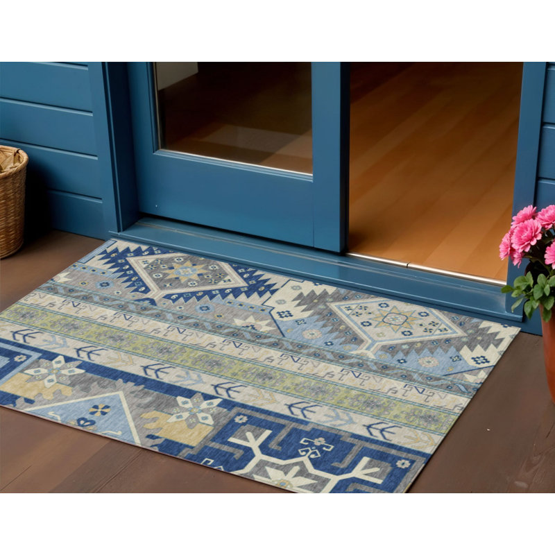 Tapis intérieur / extérieur bleu aztèque lavable 3 pi x 5 pi