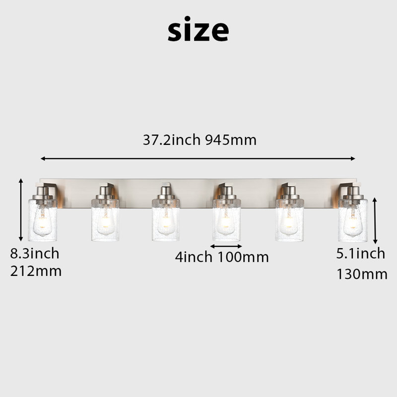 Luminaire de meuble-lavabo de salle de bain 6 lumières en nickel brossé, applique murale en verre bullé ensemencé, éclairage de façade de miroir de salle de bain Modern Farmhouse