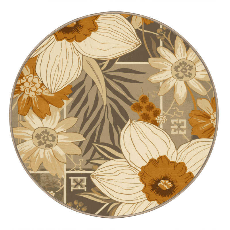 Machine Washable Paesyn Daffodil Preppy Floral Rug in Beige – Beige Binding, 6' Round