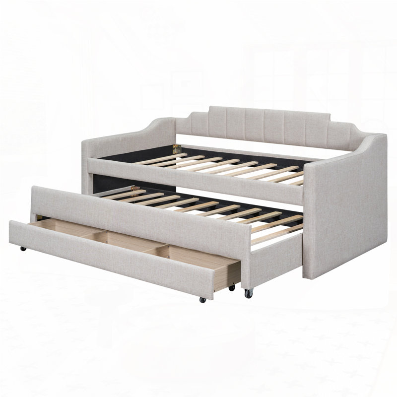 Versatile Upholstered Daybed With Trundle And Multiple Storage Options, Beige