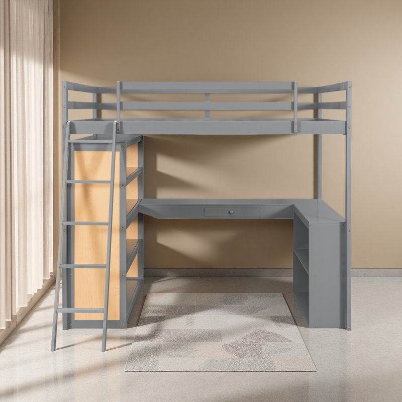 Loft Bed With Ladder, Shelves, And Desk, Gray, Full