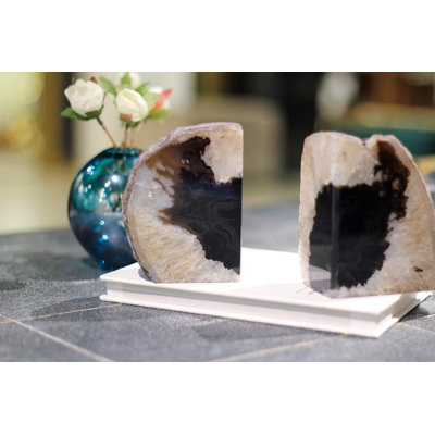 Gem Black Agate Bookend(S) Bookends For Shelves To Hold Books Geode Bookends With Rubber Bumpers For Office And Home Decoration