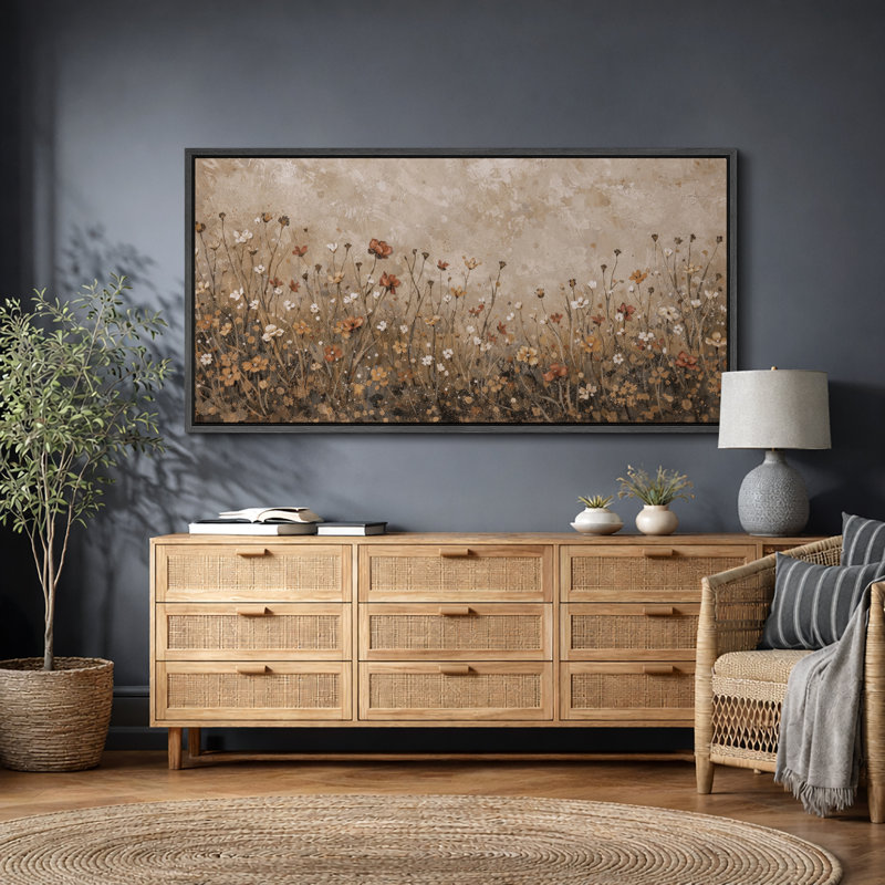 Autumn Wildflower Meadow Artwork, Living Room Pictures, Framed Canvas Giclee Print Wall Art, Black Floater Frame