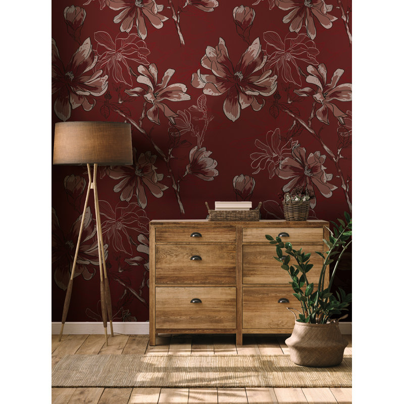 Papier peint floral bourgogne Magnolia avec croquis botaniques rosés