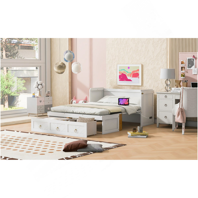 Lit escamotable double avec port USB et grand tiroir, blanc