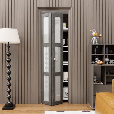 3-Lite Glass Door Solid Manufactured Wood Ancient Wood Colour Bi-Fold Door with Installation Hardware