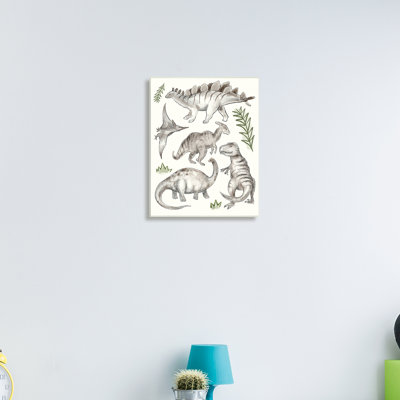 Dinosaures gris ludiques, plantes vertes minimes