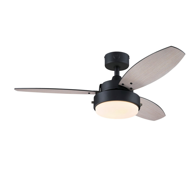 Alloy 42-Inch Indoor/Outdoor 3-Blade Matte Black Ceiling Fan, LED Light Fixture with Opal Frosted Glass