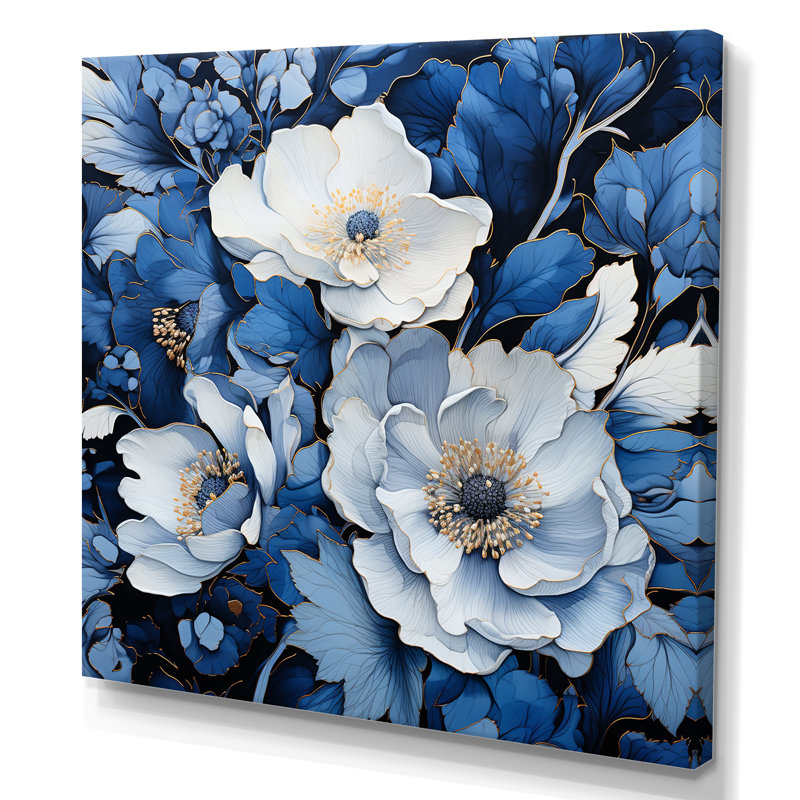 Aquarelle de fleurs saisonnières bleues et blanches II - Fleurs, art mural, H 30 po x l 30 po x P 1 po, Toile tendue
