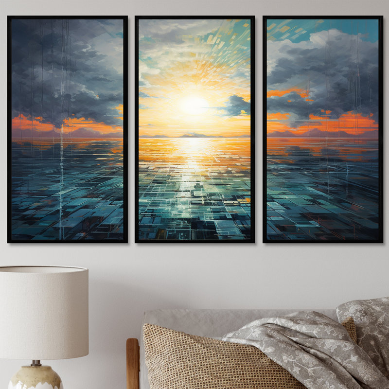 Coriène - ensemble d'art mural coucher de soleil, H 28 po x l 36 po x P 1 po, Cadre flottant noir