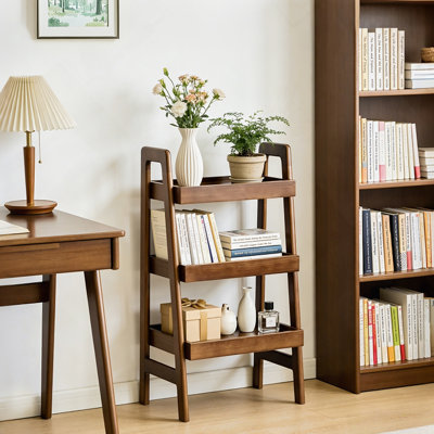 100% Solid Wood Ladder Shelf, 3 Tier Small Ladder Bookshelf, Freestanding Ladder Shelf With Open Storage,Side Table For Living Room, Bedroom, Study, Home Office, Saving Space, Walnut