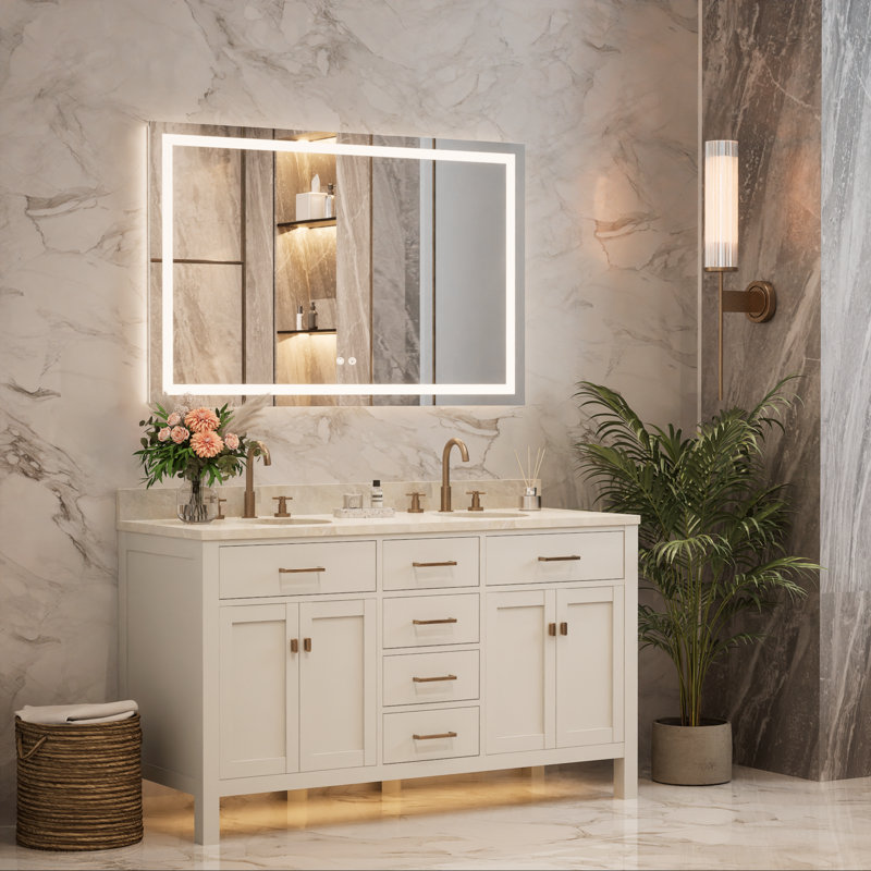 Miroir de meuble-lavabo à fixation murale avant et rétro-éclairé Cardier avec réglage en 3 couleurs, incassable, verre trempé