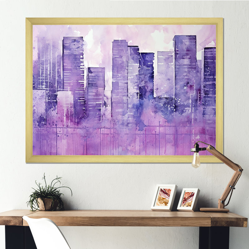 «Violet Cityscape High Rise Skycraper», reproduction sur toile, Cadre doré simple, H 16 po x l 32 po x P 1 po