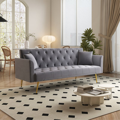 Canapé-lit moderne convertible pliable de 72 pouces de style rétro américain capitonné, fabriqué en velours gris, convenant aux petits salons, chambres et bureaux. Couleur grise
