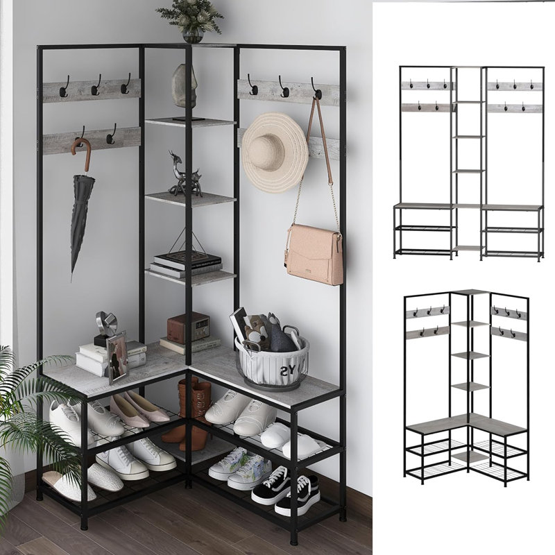Corner Hall Tree Belt Shoe Rack Storage Bench Display Open Shelving Modern Industrial Entrance Clothing Rack Support, Gray