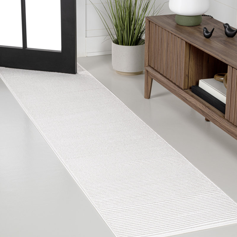 Wolcott Modern Minimalist Pinstripe High-Low White/Silver Rug, Runner 2' x 8'