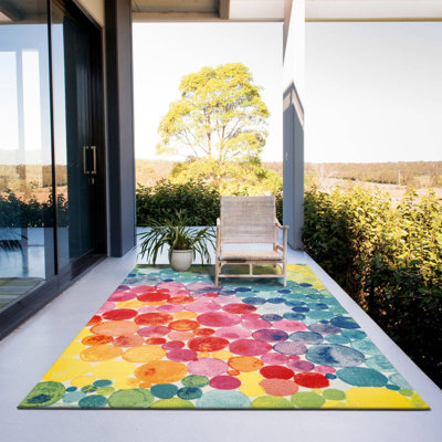 SUNSHINE Multicolored Bubbles Design Performance Outdoor Rugs Green/Multi Pink/Yellow