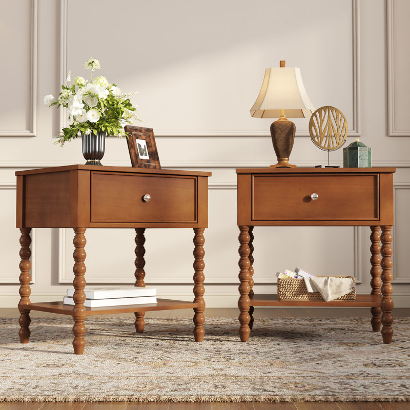 24'' Turned Solid Wood Spindle Nightstand with Drawer&Open Shelf,Brown, Brown,  Set of 2
