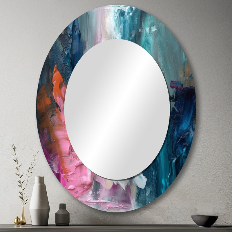 Miroir mural ovale moderne, motif abstrait bleu et rose, 43 po x 33 po