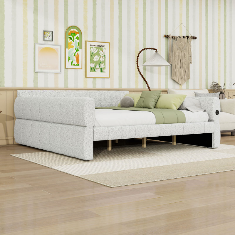 Upholstered Daybed Frame with USB Ports, White