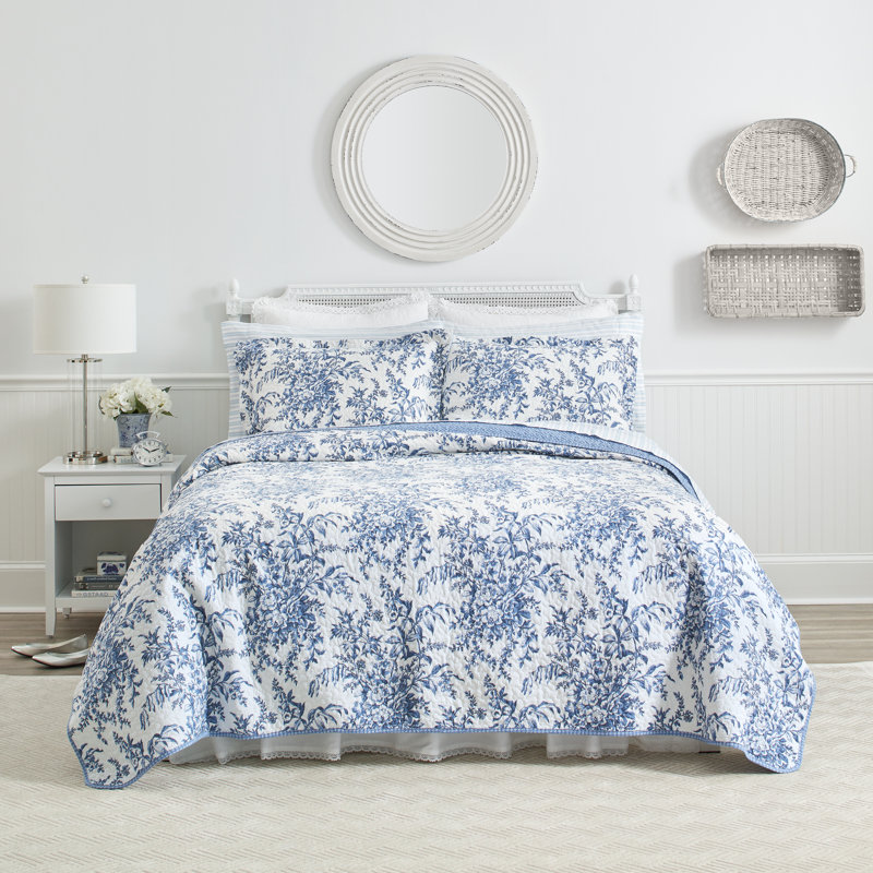 Laura Ashley Bedford Cotton Reversible Quilt Set, Twin Quilt + 1 Standard Shams, Blue Floral