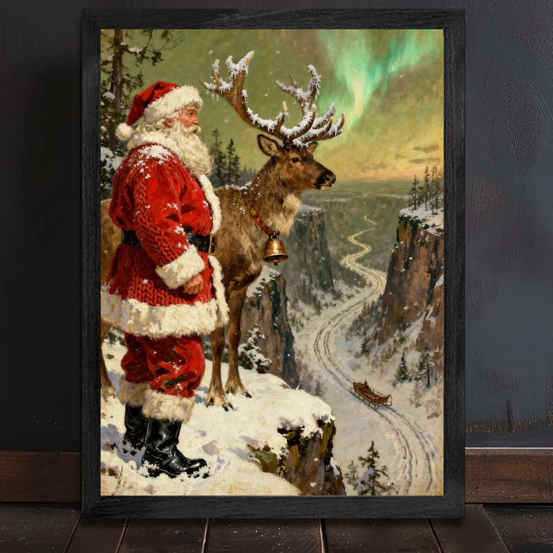 Père Noël rétro noir encadré avec art mural de style rétro, H 37 po x l 25 po