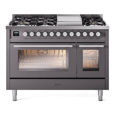 ILVE Professional Plus II 48 cuisinière à double combustible, 8 brûleurs scellés, plaque chauffante (graphite mat)