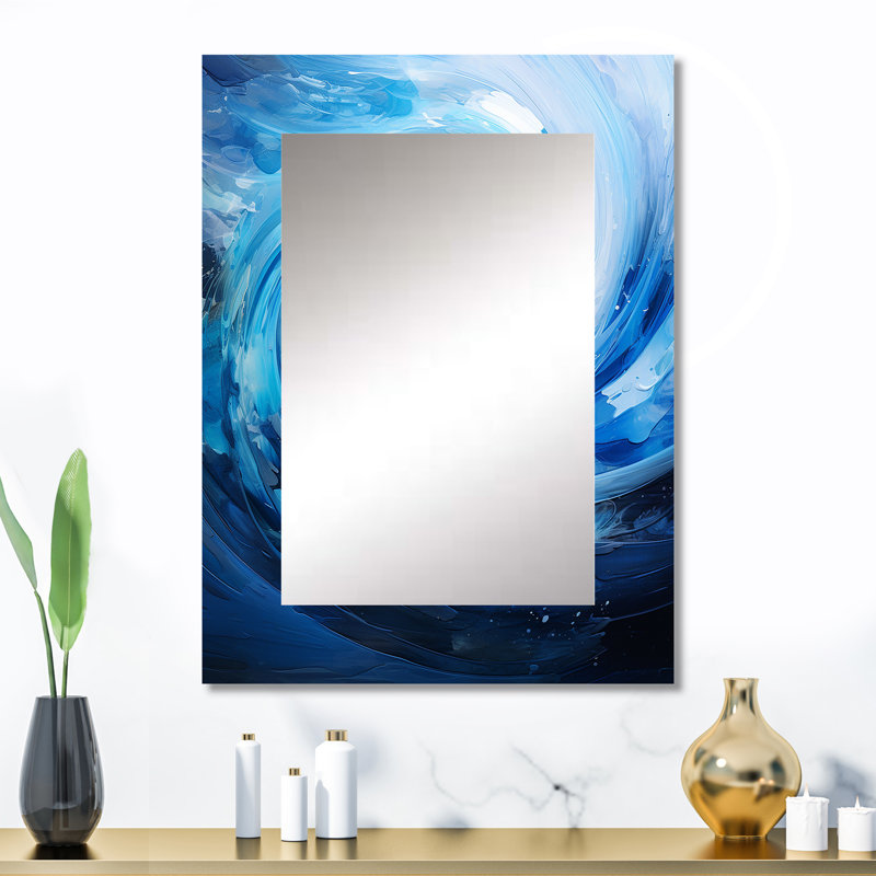 «Blue Swirl Wave Spiral II», grand miroir mural abstrait en spirale abstraite, 32 po x 24 po
