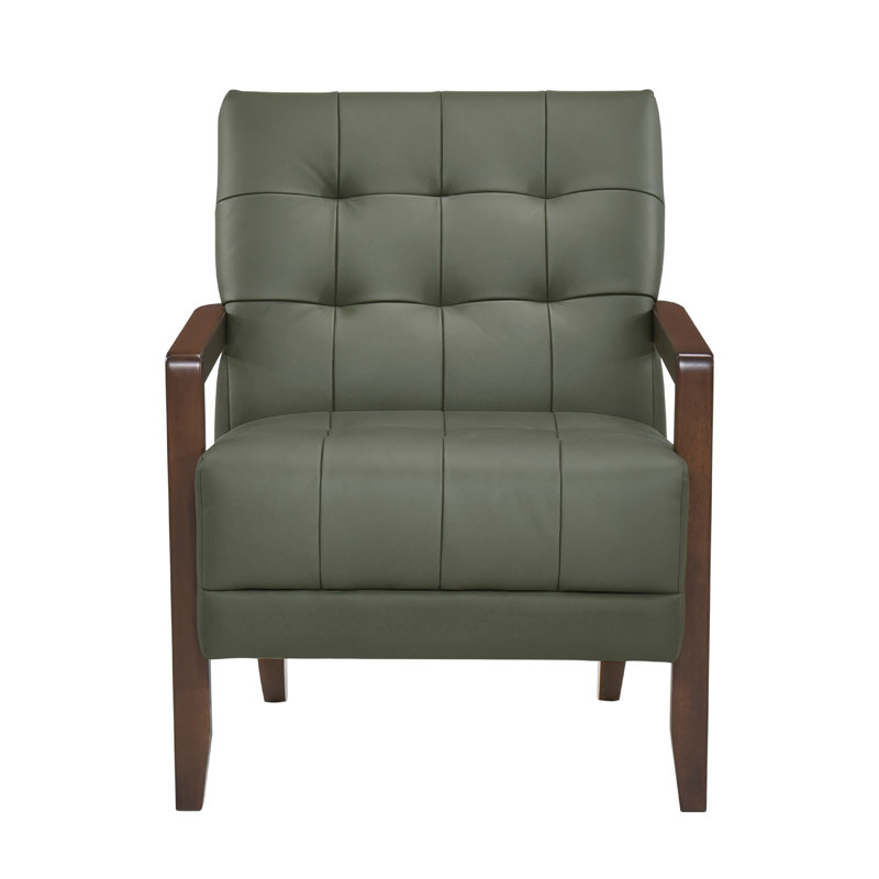 Fauteuil Lenie, cuir capitonné, bois de noyer, Vert