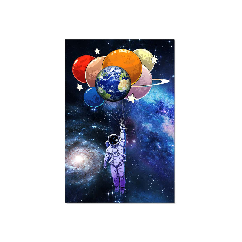 Astronaute avec ballons planètes, art mural, acrylique, impression, H 36 po x l 24 po