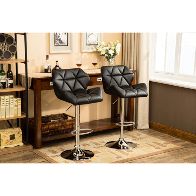 Black Contemporary Adjustable Height Bar Stools, Of 2 - Pu Leather Seat, Gas-Lift Mechanism, Comfortable Foot Rest Stools 2, In With Seat And Convenient
