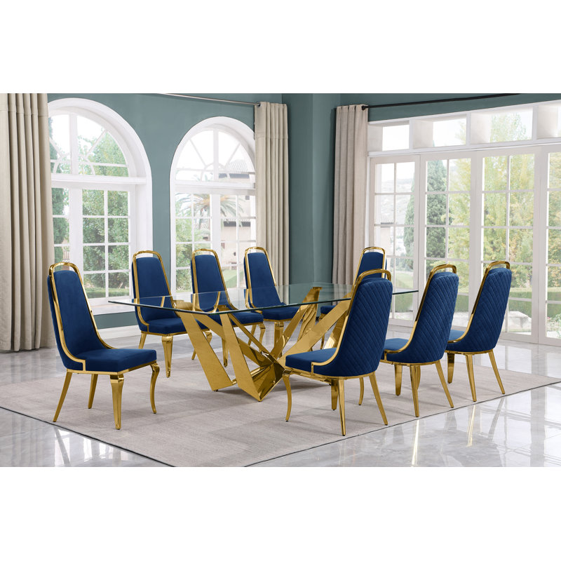 Khailee Glass Top Double Pedestal Dining Set, Dark Gray/Siver, 9, Silver