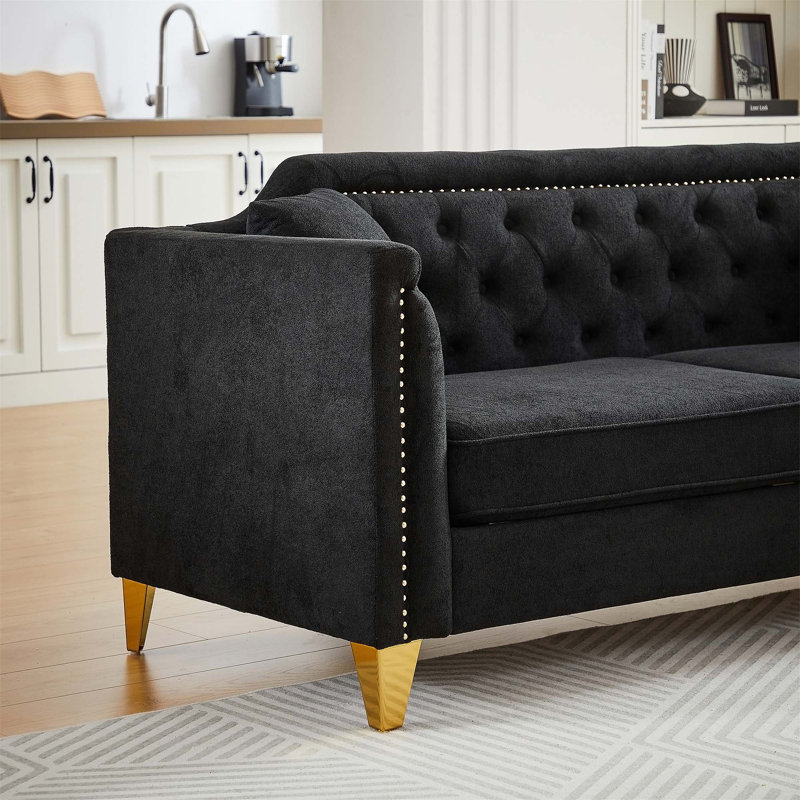 " mid-century modern chenille sofa | tufted buttons & copper nail armrest | 2 pillows | metal legs | stylish living room couch