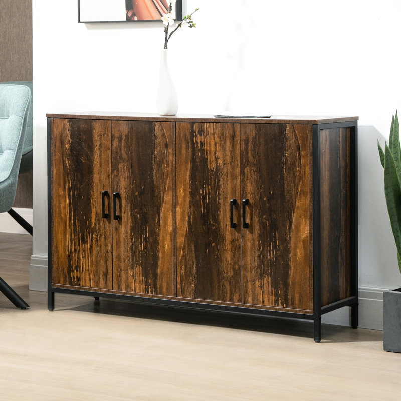 Rustic Brown Industrial Kitchen Sideboard With Adjustable Shelves. And Steel. 47.25" W X 13" D 30.25" H. Assemble Cabinet. Doors For Preservation. Shelves Versatile Usage. Suited Kitchen, Living