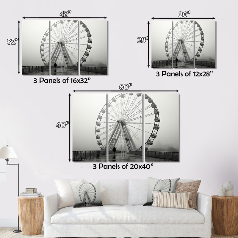 Grande roue grise vertigineuse sur toile, 3 pièces, H 28 po x l 36 po x P 1 po