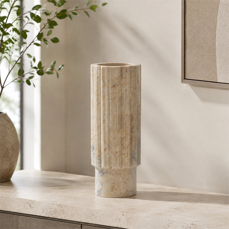 Vase en marbre massif naturel à rainures carrées – 11,5 cm, texture crème – Ornement décoratif floral de table luxueux