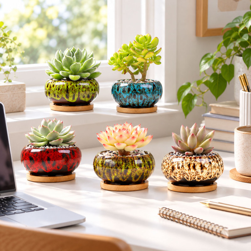 Ensemble de 5 pots à succulentes en céramique aux couleurs vives avec soucoupes intégrées