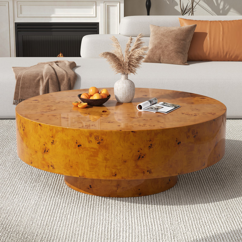 Handcrafted Burl Wood Round Coffee Table with Strudy Pedestal, Mid-Century Modern Solid Wood Coffee Table for Living Room