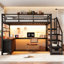 Grand lit mezzanine avec bureau, lit mezzanine avec tiroirs et escalier de rangement, structure de lit mezzanine en métal robuste pour les adolescents et les adultes, mobilier de chambre multifonctionnel tout-en-un, noir
