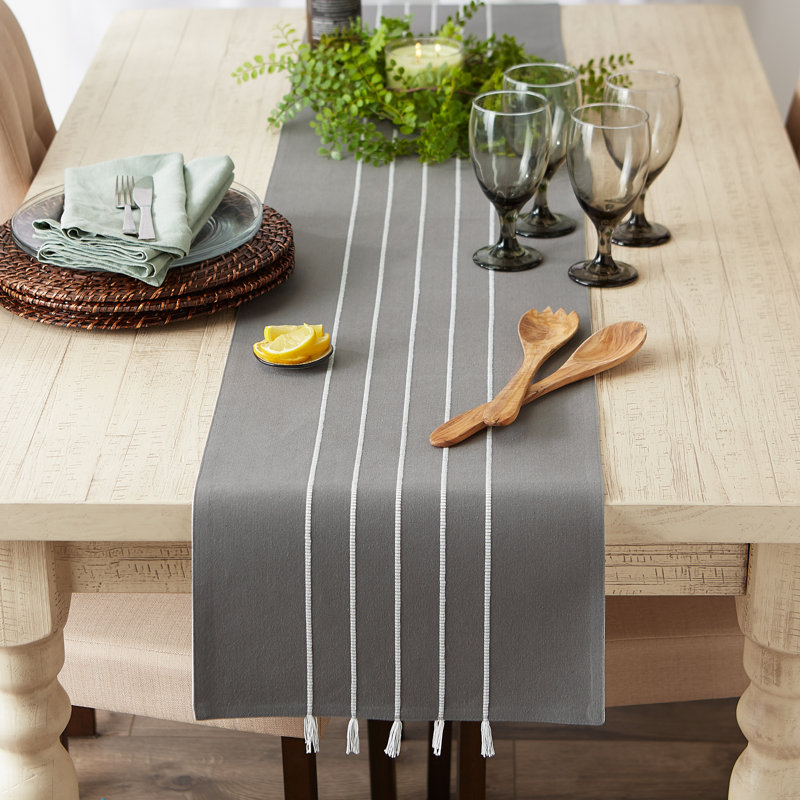 NAVY/OFF-WHITE STRIPE TASSEL TABLE RUNNER 14X72, 72" L x 14" W, Gray/White