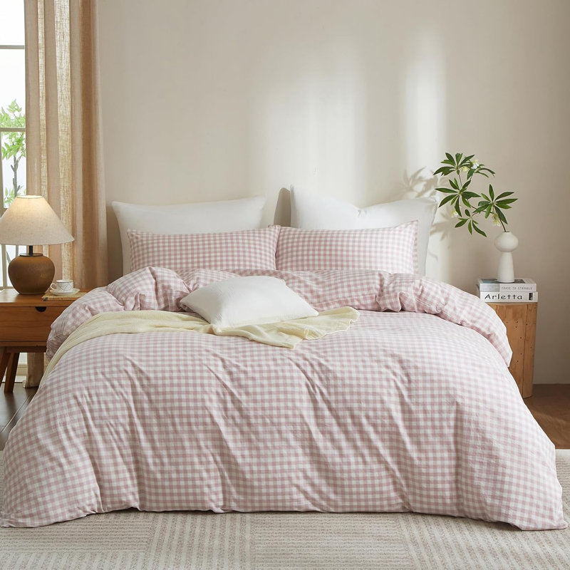 Ensemble de housse de couette en vichy 100% coton délavé à carreaux XINMIANFANG Gingham, Rose/Blanc
