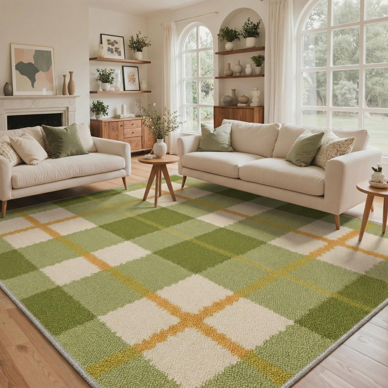 Modern Checkered Machine Washable Green / Beige / Orange Indoor Area Rug with Non-Slip Backing, Rectangle 5' x 7'