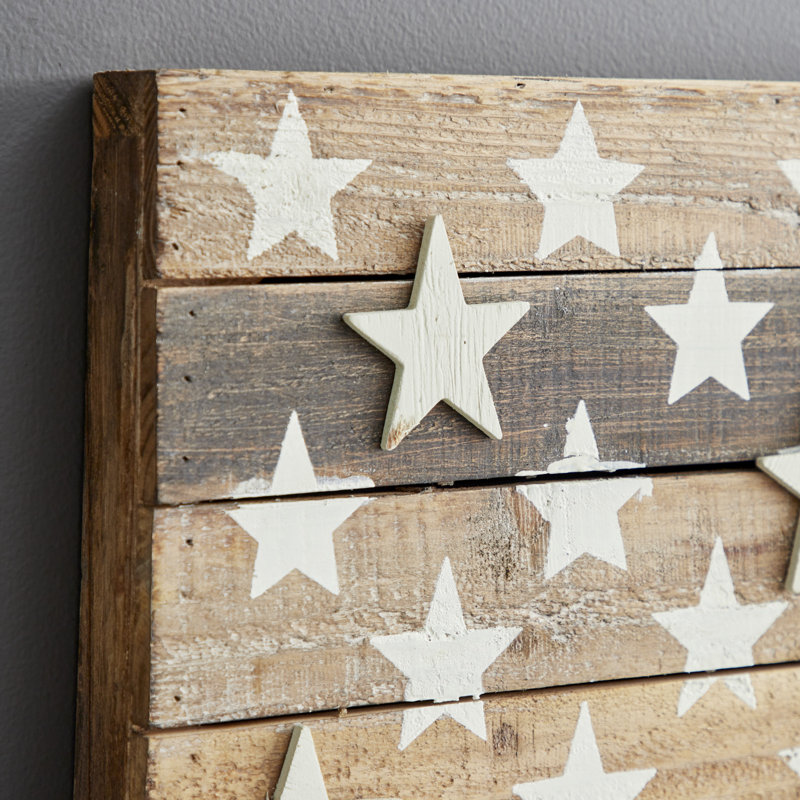 Handmade Washed Brown and Cream Wood American Flag Wall Decor